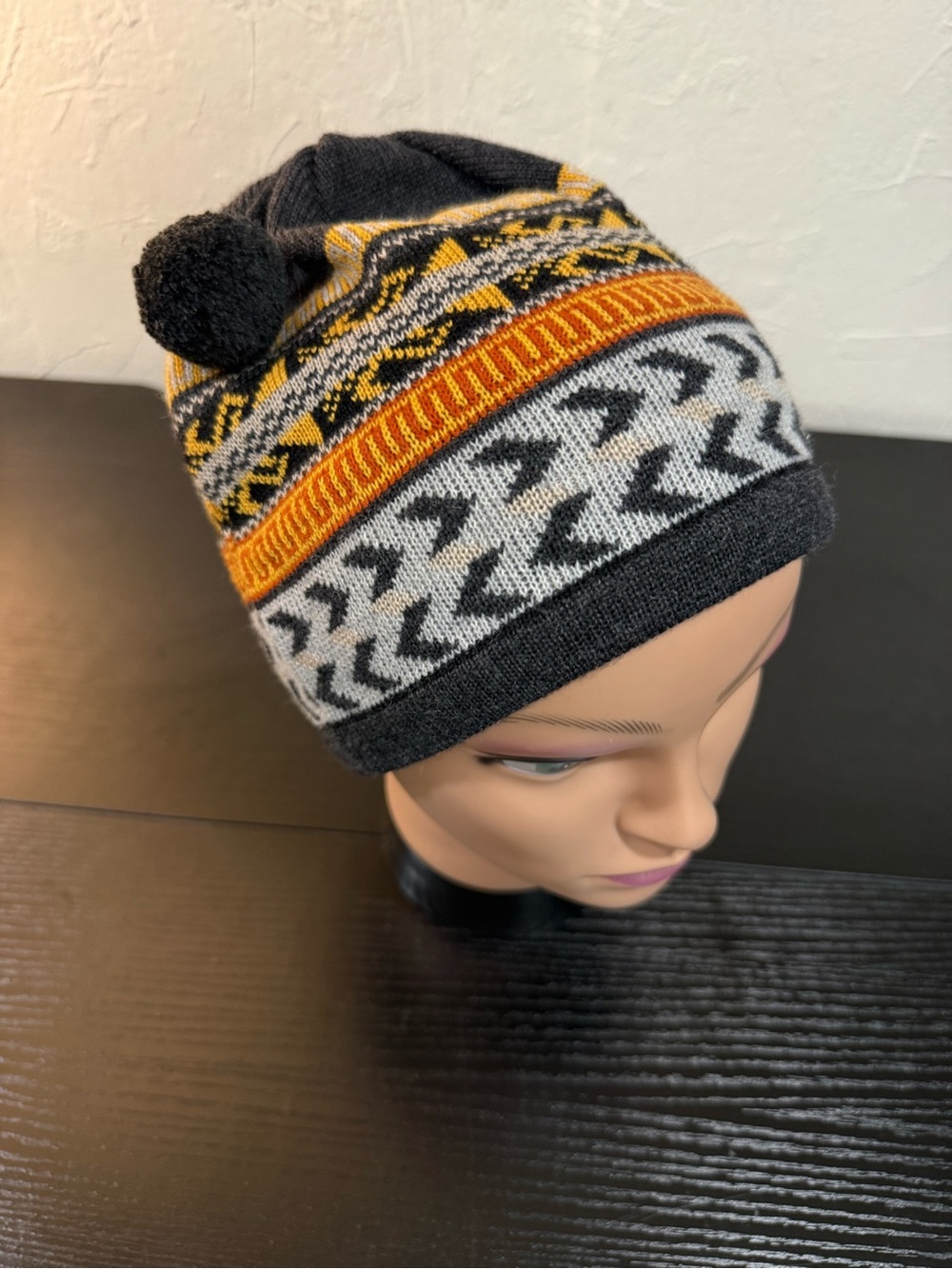 BULA 100% Wool Fair Isle Pom Beanie Ski Hat Made in Canada Black Orange Unisex